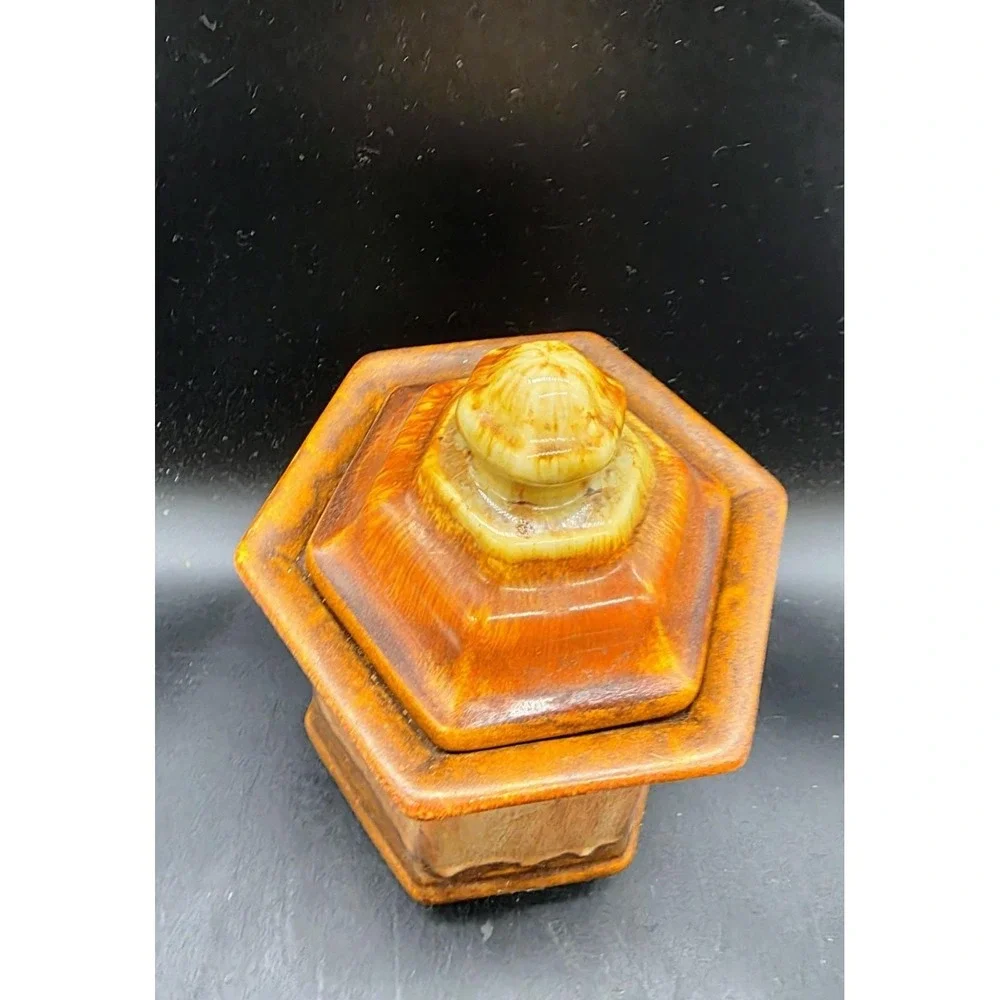 Vintage Royal Haeger Brown Dripware Pottery Canister‎ Hexagonal W Lid 7.5
